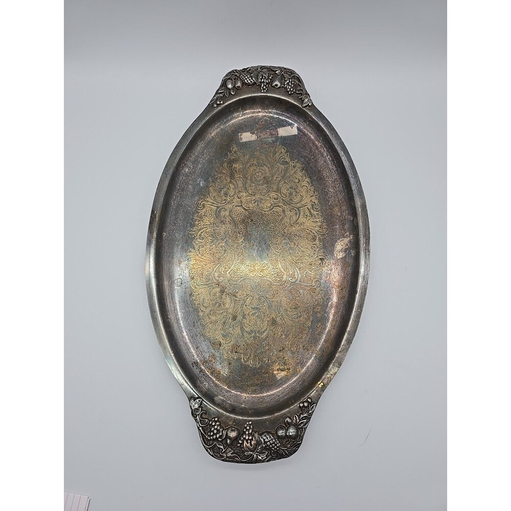 ANTIQUE Metal Fruit Motif Oval Serving Tray Platter Silverplate Over Pewter